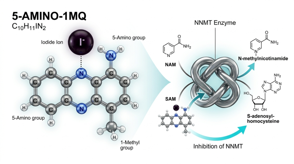 3D Molecular Diagram of the Mechanism of Action of 5-AMINO-1MQ (1-methylquinolin-5-amine; iodide)
