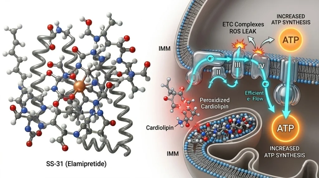 SS-31 (Elamipretide) 3D Molecular Model and Signaling Pathway Diagram