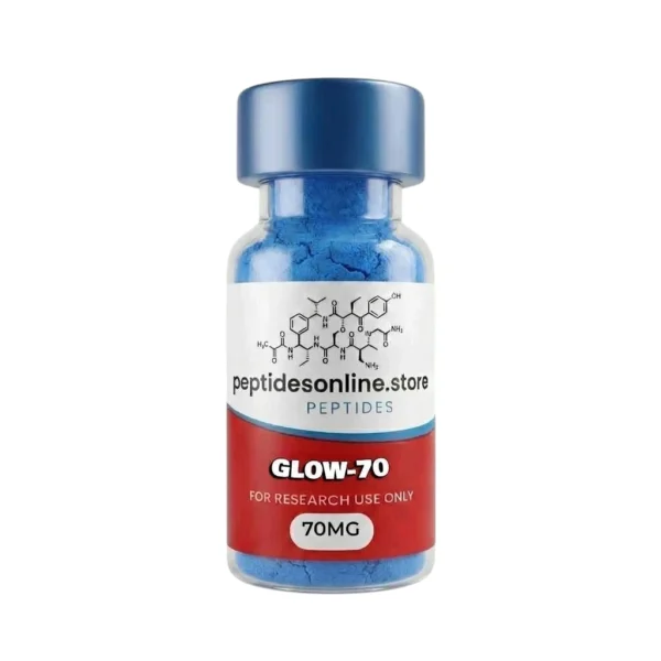 GLOW peptide blend vial featuring BPC-157, GHK-Cu, and TB-500 for integrated tissue repair research.