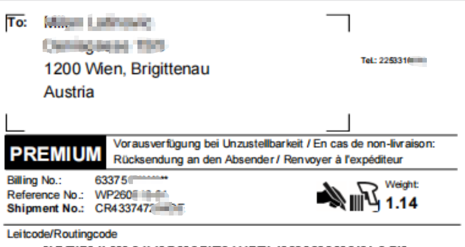 Logistics tracking information for freeze-dried peptide powder shipped to Austria